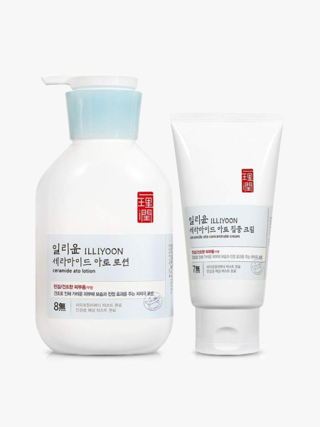 Illiyoon Ceramide Ato Lotion Set in branded components on a light gray background