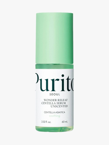 Purito Seoul Wonder Releaf Centella Serum Unscented green and white serum bottle on light gray background