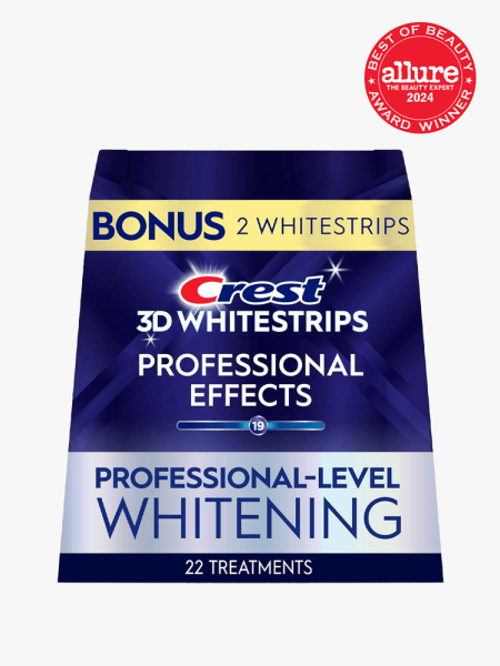 Crest 3D Whitestrips in branded component on a light gray background with the best of beauty seal in the top right corner