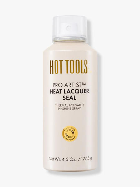 Hot Tools Pro Artist Heat Lacquer Seal Thermal Activated Hi-Shine Spray beige spray bottle on light gray background