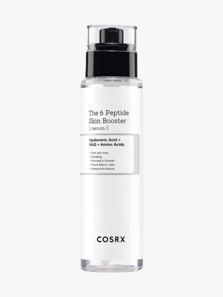 CosRx The 6 Peptide Skin Booster Serum clear and white bottle on light gray background