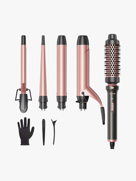 Wavytalk 5 in 1 Curling Iron Set with Curling Brush in multiple branded components on a light gray background